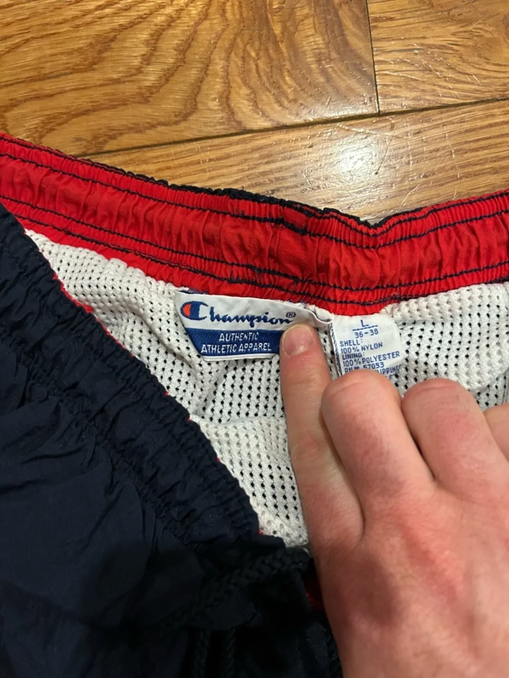 Vintage Champion Nylon Swim Trunks Shorts‎ Men's Size Large Navy Blue Drawstring